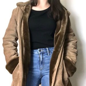 Brown Genuine Suede and Faux Fur Lined Jacket